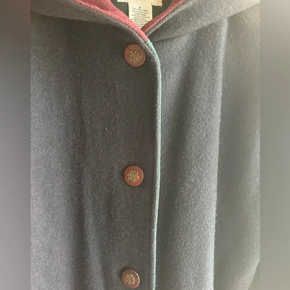 Cabin Creek Navy and Green Wool Trench Coat with Hood Burgundy Accents Size 6 - Picture 7 of 10